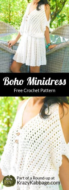 a woman wearing a white crochet dress with the text boho minddress free crochet pattern