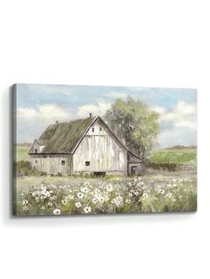 an old barn in the middle of a field with daisies and trees on it