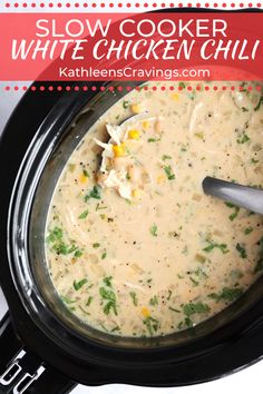 slow cooker white chicken chili in a black crock pot with text overlay