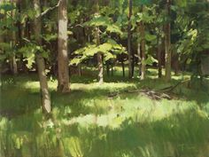 a painting of trees and grass in the woods