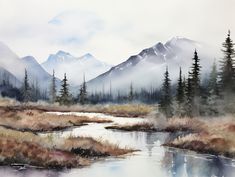 a watercolor painting of mountains, trees and a river