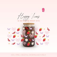 a jar with strawberries and bows on it