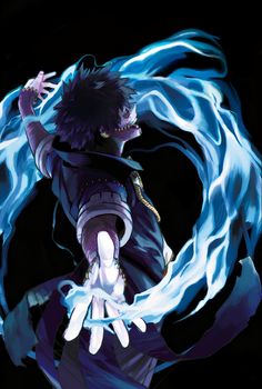 an anime character with blue fire around his neck and hands in the air, while holding onto a white flame