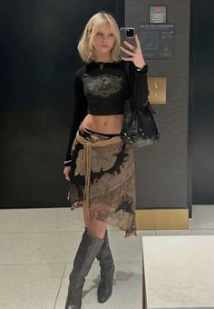 #outfit #ootd #outfit #inspiration Rocker Skirt Outfit, Bohemian Punk Style, Club Promoter Outfit, Current Nyc Fashion, Rocky Point Outfits, Neutral Grunge Aesthetic, Going Out La Outfit, Style Black Bodysuit, Retro Edgy Outfits