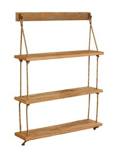 three wooden shelves with ropes hanging from them