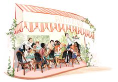 a group of people sitting around a table under a canopy