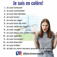 a woman with her mouth open in front of the words je suis en coere