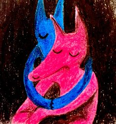 a drawing of a pink and blue dog hugging each other