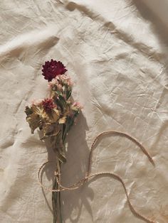 a bunch of flowers that are sitting on a white sheet with a string attached to it