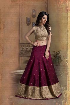 Picture of Beige & wine color designer lehenga choli Wine Lehenga, Gold Lehenga, Pakistan Wedding, Simple Lehenga, Designer Leggings, Indian Lehenga Choli