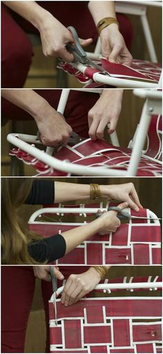 two pictures showing the process of making a chair with red and white paint on it