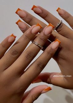 Burnt Orange French Tip Nails, Wrap Nails, Orange Acrylic Nails, Pink Tip Nails, Orange Nail Designs, Orange Nail, Simple Fall Nails, French Tip Nail Designs