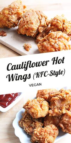 some food is on a white plate and has the words cauliflower hot wings off - style