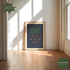 an image of a palm tree with christmas decorations on it in front of a window