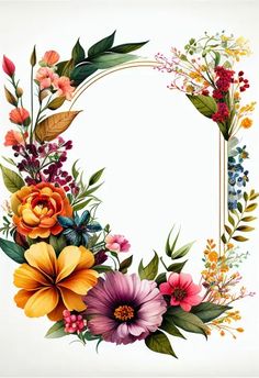 a floral wreath frame with flowers and leaves on the edges, as well as an empty space in the middle