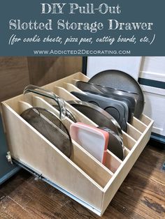 an open drawer with several pairs of shoes in it and the words diy pull - out sloted storage drawer