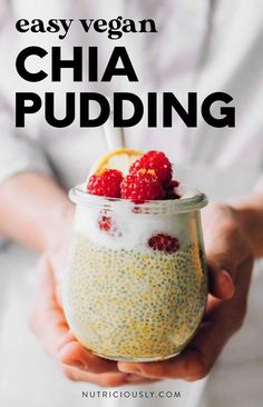 chia pudding in a jar with raspberries and lemons on the top