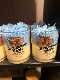 three glasses filled with chocolate chip cookies on top of each other