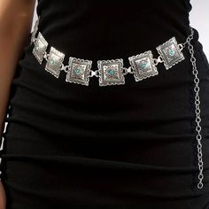 Linked Textured Metal Plate Belt Embedded W/ Turquoise Stone One Size 40 Inch Long Adjustable Belt Is Sealed Brand New Fast Shipping Turquoise Belt, Indian Blue, Turquoise Western, Women's Circle, Silver Belt, Silver Belts, 20th Birthday, Metal Plate, Colored Leather