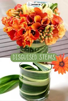 there is a vase with flowers in it and the words happy disqued stems