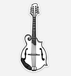 a black and white drawing of a guitar sticker on a white background with the words,