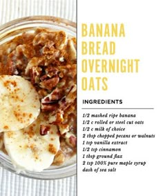 banana bread overnight oats in a glass bowl with cinnamon on top and ingredients list