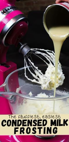 someone is mixing ingredients in a bowl with the words, the easy skillet condensing milk frosting