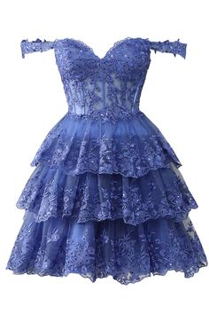 a blue dress on a mannequin with flowers and laces, in front of a white background