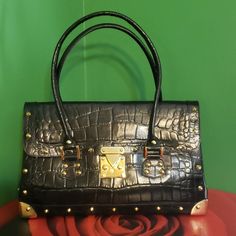 Gently Preloved - Stylish N Chic - Nordstrom Genuine Leather Handbag - With Gold Studded Hardware - All Reasonable Offers Welcome! O Bag, Genuine Leather Handbag, Gold Studs, Black Handbags, Leather Handbags, Black Pink, Genuine Leather, Bag Lady, Nordstrom