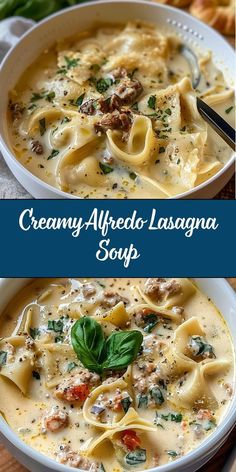 creamy alfredo lasagna soup in a white bowl