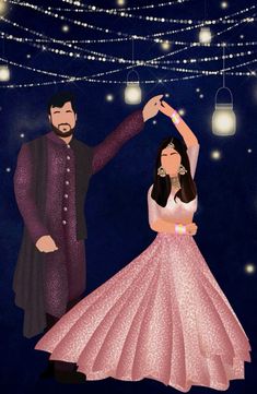 a man and woman are dancing under some string lights in the night sky with their arms around each other