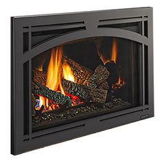 a black fireplace with fire logs and flames in the center, on a white background