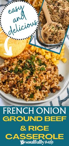 french onion, ground beef and rice casserole on a plate with a spoon