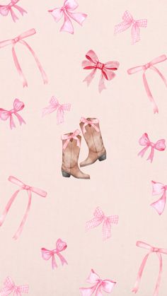 a pink wallpaper with bows and shoes on it