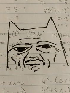 a drawing of an angry cat on top of a piece of paper with numbers written in it