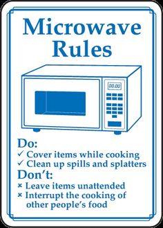 a microwave rules sign with instructions on how to use it