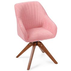 a pink chair with wooden legs on a white background