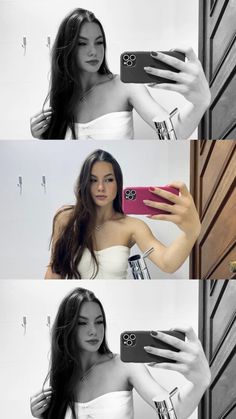 a woman taking a selfie with her cell phone in three different pictures, and the same person holding a camera