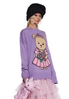 This sweater has a soft acrylic knit construction with a front teddy bear princess intarsia design, ribbed knit neckline, cuffs, and hem, and an oversized fit. Oversized Purple Knit Sweater, Kawaii Purple T-shirt With Graphic Print, Purple Kawaii T-shirt With Graphic Print, Bear Print Sweater, Dolls Kill Care Bears, Oversized Knitted Sweaters, Dolls Kill, Fairy Dress, Oversized Sweater