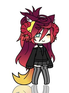 a drawing of a girl with red hair and an orange tail, standing in front of a