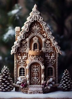 a close up of a gingerbread house in the snow