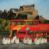 there are penguins standing in front of a double decker bus