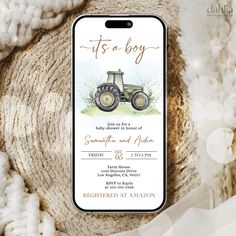 a phone case with an image of a tractor on it and the words, it's a boy