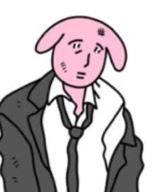 a drawing of a man in a suit with a pink pig on his head wearing a white shirt and black tie