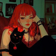 a girl with red hair is holding a black cat