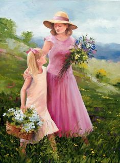 an oil painting of two girls in a field with flowers and one holding a basket