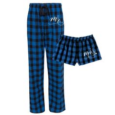 Our Mr. & Mrs. Flannel Pajama Set will have you cozied up and feeling fantastic! This set of 2 pajama bottoms comes in vibrant buffalo plaids with white embroidery on the hip. Perfect for Anniversary, Christmas, Engagement or Couples Gifts or any other cool weather day. The set comes with flannel pants for him and flannel boxers for her. GIRLY BOXERS Junior Fit XS - XL Ruffled Hem Satin waistband and tie ribbon 100% cotton Roomy, and super soft feel Features a 1" inseam, false fly with butto Plad Pajamas, Relaxed Fit Plaid Sleepwear For Fall, Plaid Relaxed Fit Sleepwear For Fall, Comfortable Plaid Cotton Sleepwear, Cozy Plaid Cotton Sleepwear, Fall Cotton Sleep Bottoms, Plaid Cotton Sleepwear For Lounging, Cotton Plaid Sleepwear For Lounging, Matching Couples Pjs