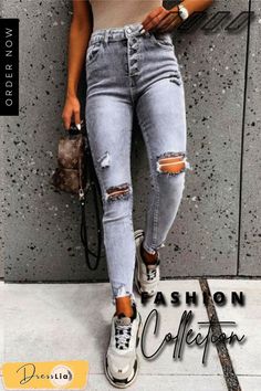 Grey Ripped High Waist Skinny Jeans Cute Ripped Jeans, Strict Parents, Ripped Pants, High Waisted Black Jeans, All Jeans, Traje Casual, Jeans Grey, Hipster Fashion, Slim Fit Trousers