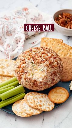 cheese ball recipe on a plate with crackers and celery sticks