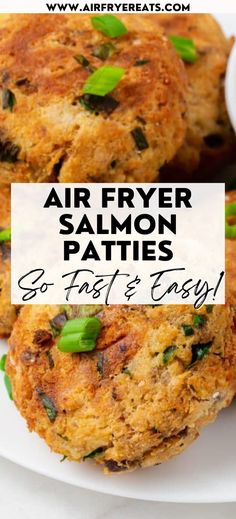 air fryer salmon patties on a white plate with text overlay that reads, air fryer salmon patties